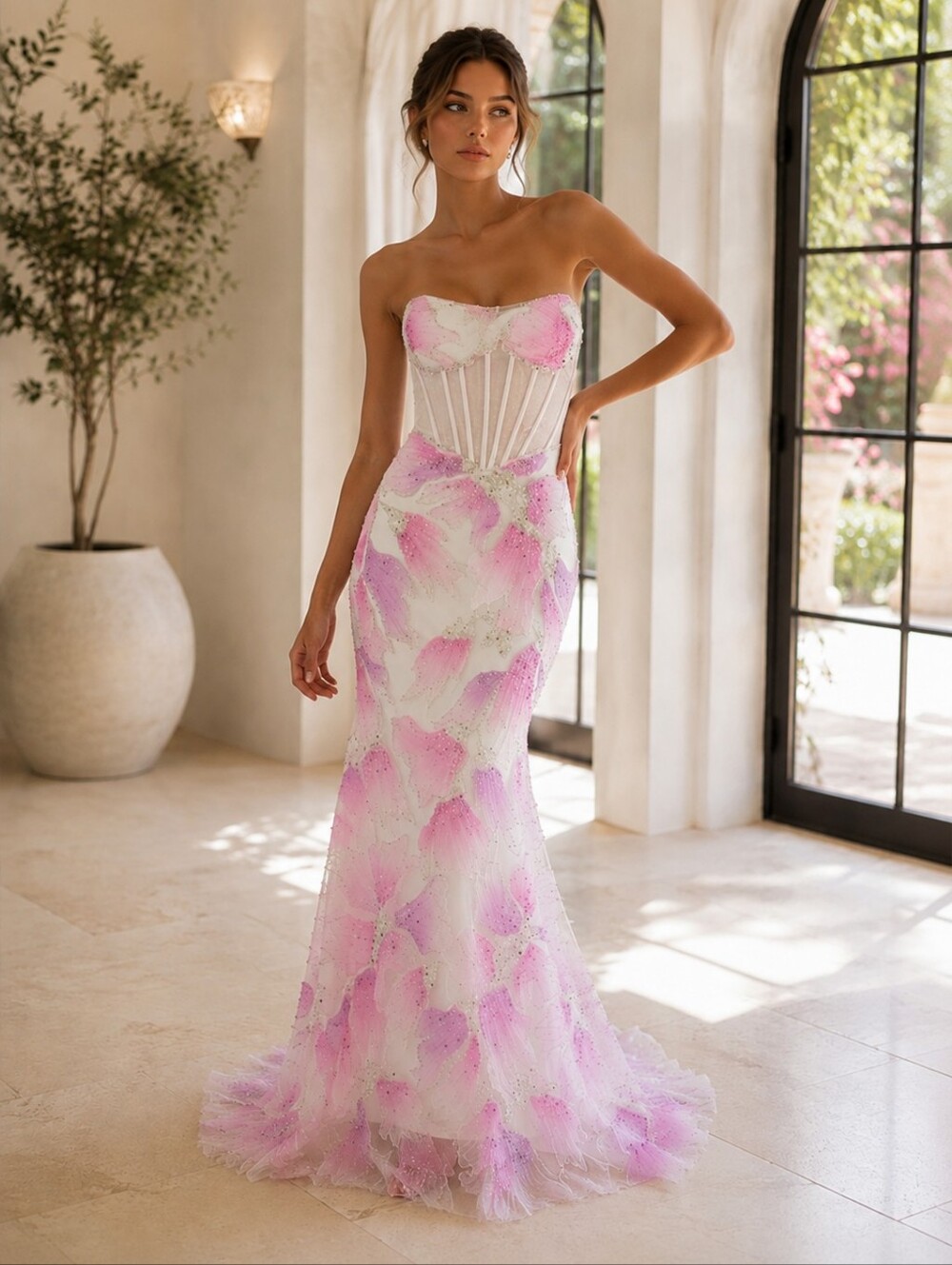 Couture Lee Pink Floral Beaded Mermaid Gown Size 0 NWT - Picture 3 of 6